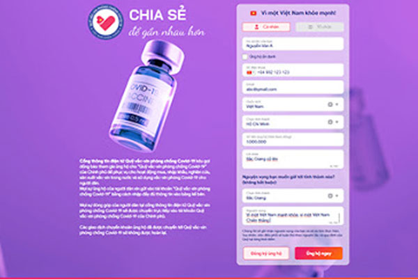 Website nhận ủng hộ trực tuyến Quỹ vắc xin phòng Covid-19